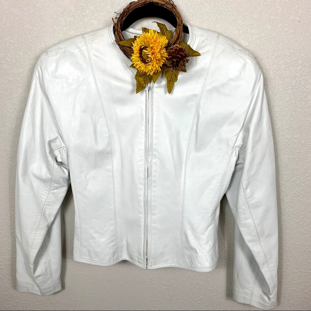 White Leather Moto Jacket - VAKKO NY REAL Lambskin Leather, Perfect Condition 🌻